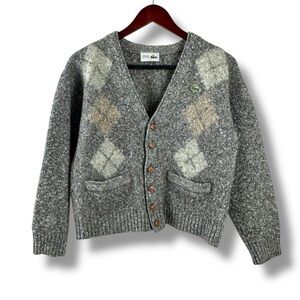 Lacoste Women's M Wool Blend Argyle Cardigan Sweater Gray Diamond Academia Prep